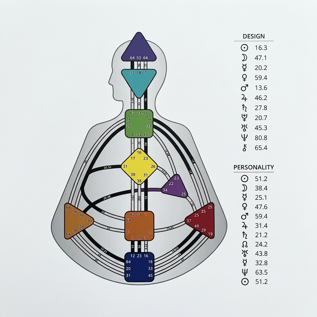 Human Design bodygraph reference chart Human Design bodygraph chart with colored centers and planetary activation lists